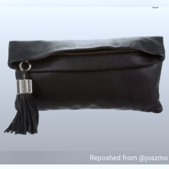 India Hicks Carmen fold over Black Leather Clutch with tassel - Picture 1 of 8